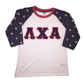 Star Raglan Tee With Navy And Red Greek Stitch Letters