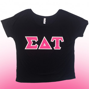 Sigma Delta Tau Bella Canvas Slouchy T-Shirt With Pink and White Stitch Letters
